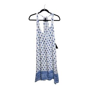 Pantology Womens M Blue White Floral Border Print Sleeveless Tunic Dress NWT